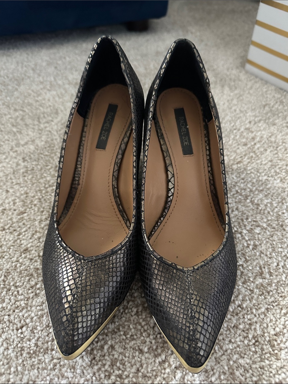 Rachel Zoe Metallic Black Snake-Print Pointed Toe Pumps with Gold Trim